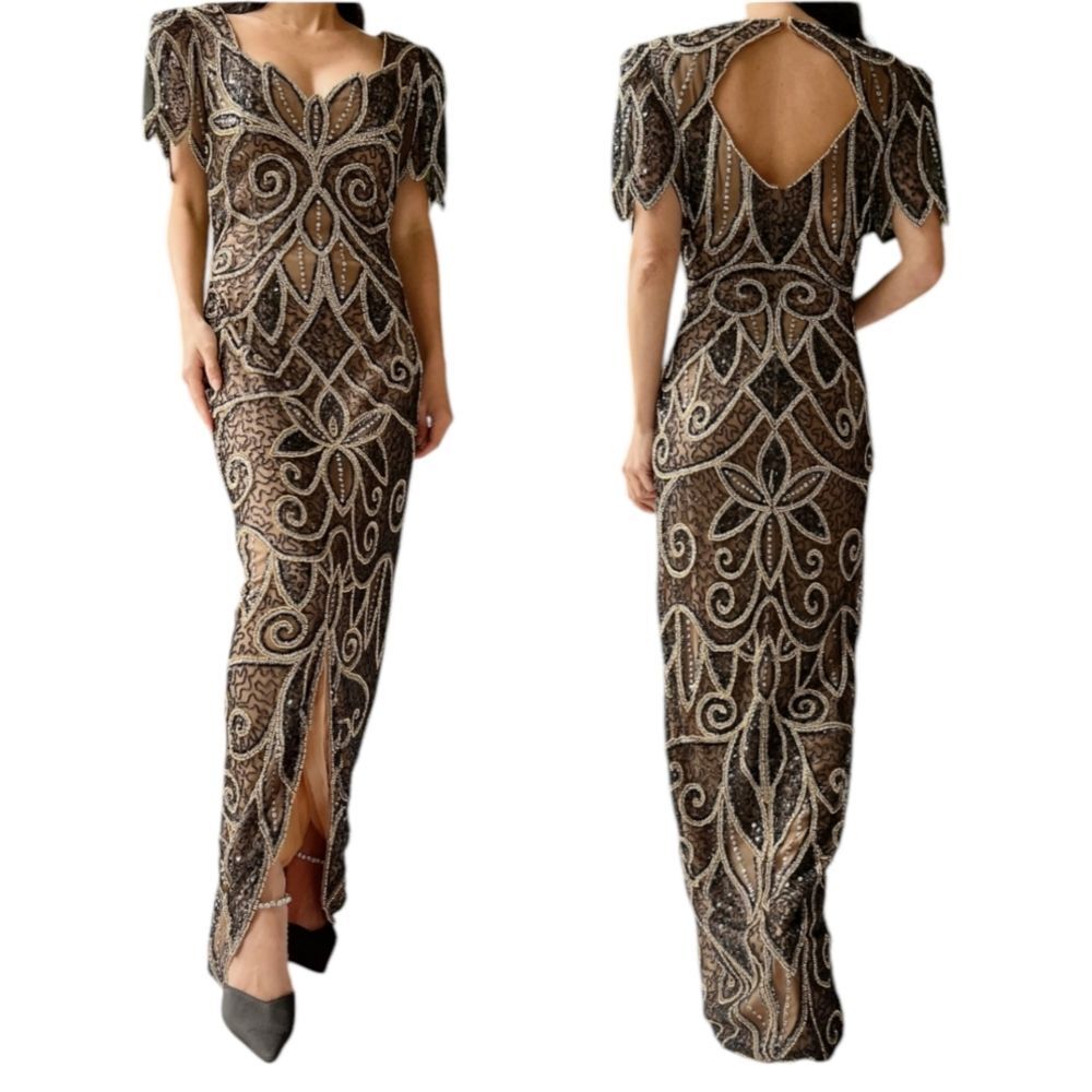 Vintage Tan-Chho luxury formal gown sequin beaded gold tan black silver‎ Sz 1x